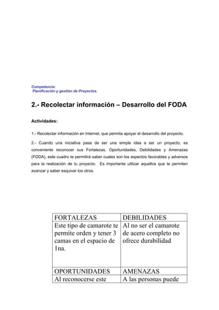Competencia:
Planificación y gestión de Proyectos.


2.- Recolectar información – Desarrollo del FODA

Actividades:

1.- Recolectar información en Internet, que permita apoyar el desarrollo del proyecto.

2.- Cuando una iniciativa pasa de ser una simple idea a ser un proyecto, es
conveniente reconocer sus Fortalezas, Oportunidades, Debilidades y Amenazas
(FODA), este cuadro te permitirá saber cuales son los aspectos favorables y adversos
para la realización de tu proyecto. Es importante utilizar aquellos que te permiten
avanzar y saber esquivar los otros.




             FORTALEZAS                            DEBILIDADES
             Este tipo de camarote te              Al no ser el camarote
             permite orden y tener 3               de acero completo no
             camas en el espacio de                ofrece durabilidad
             1na.


             OPORTUNIDADES                         AMENAZAS
             Al reconocerse este                   A las personas puede
 