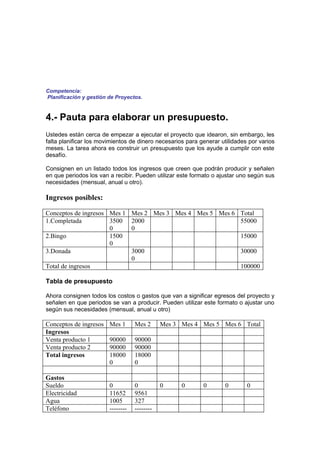 Competencia:
Planificación y gestión de Proyectos.


4.- Pauta para elaborar un presupuesto.
Ustedes están cerca de empezar a ejecutar el proyecto que idearon, sin embargo, les
falta planificar los movimientos de dinero necesarios para generar utilidades por varios
meses. La tarea ahora es construir un presupuesto que los ayude a cumplir con este
desafío.

Consignen en un listado todos los ingresos que creen que podrán producir y señalen
en que periodos los van a recibir. Pueden utilizar este formato o ajustar uno según sus
necesidades (mensual, anual u otro).

Ingresos posibles:

Conceptos de ingresos Mes 1        Mes 2 Mes 3 Mes 4 Mes 5 Mes 6 Total
1.Completada          3500         2000                          55000
                      0            0
2.Bingo               1500                                       15000
                      0
3.Donada                           3000                                   30000
                                   0
Total de ingresos                                                         100000

Tabla de presupuesto

Ahora consignen todos los costos o gastos que van a significar egresos del proyecto y
señalen en que periodos se van a producir. Pueden utilizar este formato o ajustar uno
según sus necesidades (mensual, anual u otro)

Conceptos de ingresos   Mes 1       Mes 2      Mes 3 Mes 4 Mes 5 Mes 6 Total
Ingresos
Venta producto 1        90000       90000
Venta producto 2        90000       90000
Total ingresos          18000       18000
                        0           0

Gastos
Sueldo                  0           0          0     0      0        0       0
Electricidad            11652       9561
Agua                    1005        327
Teléfono                --------    --------
 