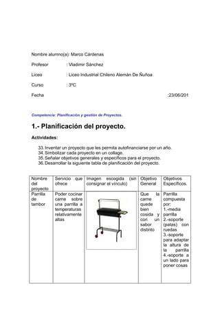 Nombre alumno(a): Marco Cárdenas

Profesor           : Vladimir Sánchez

Liceo              : Liceo Industrial Chileno Alemán De Ñuñoa

Curso              : 3ºC

Fecha                                                                   :23/06/201



Competencia: Planificación y gestión de Proyectos.


1.- Planificación del proyecto.
Actividades:

   33. Inventar un proyecto que les permita autofinanciarse por un año.
   34. Simbolizar cada proyecto en un collage.
   35. Señalar objetivos generales y específicos para el proyecto.
   36. Desarrollar la siguiente tabla de planificación del proyecto.


Nombre      Servicio que Imagen escogida (sin Objetivo                Objetivos
del         ofrece       consignar el vínculo) General                Específicos.
proyecto
Parrilla    Poder cocinar                              Que       la   Parrilla
de          carne sobre                                carne          compuesta
tambor      una parrilla a                             quede          por:
            temperaturas                               bien           1.-media
            relativamente                              cosida y       parrilla
            altas                                      con      un    2.-soporte
                                                       sabor          (patas) con
                                                       distinto       ruedas
                                                                      3.-soporte
                                                                      para adaptar
                                                                      la altura de
                                                                      la      parrilla
                                                                      4.-soporte a
                                                                      un lado para
                                                                      poner cosas
 