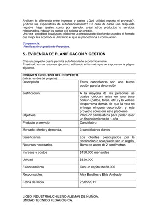 Analicen la diferencia entre ingresos y gastos ¿Qué utilidad reporta el proyecto?,
¿cubren las expectativas de autofinanciamiento? En caso de darse una respuesta
negativa haga ajustes como por ejemplo, crear otros productos o servicios
relacionados, rebajar los costos y/o solicitar un crédito.
Una vez decididos los ajustes, elaboren un presupuesto diseñando ustedes el formato
que mejor les acomode o utilizando el que se proporciona a continuación.

Competencia:
Planificación y gestión de Proyectos.

5.- EVIDENCIA DE PLANIFICACION Y GESTION
Crea un proyecto que te permita autofinanciarte económicamente.
Preséntalo en un resumen ejecutivo, utilizando el formato que se expone en la página
siguiente.

RESUMEN EJECUTIVO DEL PROYECTO:
(Indicar nombre del proyecto)
Descripción                                Estos candelabros son una buena
                                           opción para la decoración

Justificación                              A la mayoría de las personas las
                                           cuales colocan velas en una base
                                           común (paltos, tapas, etc.) y la vela se
                                           desparrama demás de que la vela no
                                           entrega ninguna decoración y este
                                           proyecto soluciona este problema
Objetivos                                  Producir candelabros para poder tener
                                           un financiamiento de 1 año
Producto o servicio                        Candelabro

Mercado: oferta y demanda.                 3 candelabros diarios

Beneficiarios                              Los clientes preocupados por la
                                           decoración o solo puede ser un regalo
Recursos necesarios.                       Barra de acero de 2 centímetros

Ingresos y costos                          $150.000 mensuales

Utilidad                                   $258.000

Financiamiento                             Con un capital de 20.000

Responsables                               Alex Burdiles y Elvis Andrade

Fecha de inicio                            25/05/2011



LICEO INDUSTRIAL CHILENO ALEMÁN DE ÑUÑOA.
UNIDAD TECNICO PEDAGÓGICA.
 