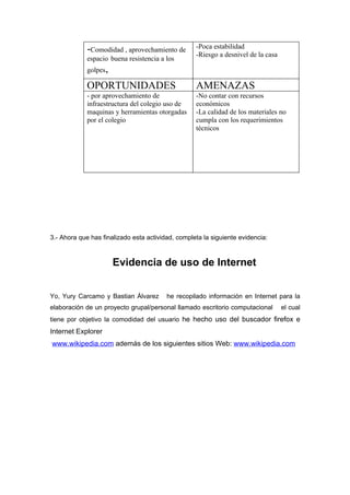 -Comodidad , aprovechamiento de       -Poca estabilidad
                                                   -Riesgo a desnivel de la casa
             espacio buena resistencia a los
             golpes,

             OPORTUNIDADES                         AMENAZAS
             - por aprovechamiento de              -No contar con recursos
             infraestructura del colegio uso de    económicos
             maquinas y herramientas otorgadas     -La calidad de los materiales no
             por el colegio                        cumpla con los requerimientos
                                                   técnicos




3.- Ahora que has finalizado esta actividad, completa la siguiente evidencia:



                       Evidencia de uso de Internet


Yo, Yury Carcamo y Bastian Álvarez       he recopilado información en Internet para la
elaboración de un proyecto grupal/personal llamado escritorio computacional        el cual
tiene por objetivo la comodidad del usuario he hecho uso del buscador firefox e
Internet Explorer
www.wikipedia.com además de los siguientes sitios Web: www.wikipedia.com
 