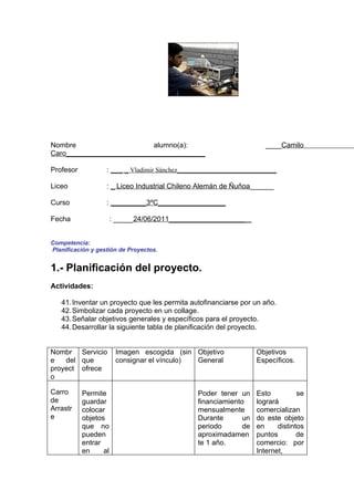 Nombre                    alumno(a):                                ____Camilo
Caro___________________________________

Profesor           : ___ _ Vladimir Sánchez_________________________

Liceo              : _ Liceo Industrial Chileno Alemán de Ñuñoa______

Curso              : _________3ºC_________________

Fecha                  : _____24/06/2011_____________________


Competencia:
Planificación y gestión de Proyectos.


1.- Planificación del proyecto.
Actividades:

   41. Inventar un proyecto que les permita autofinanciarse por un año.
   42. Simbolizar cada proyecto en un collage.
   43. Señalar objetivos generales y específicos para el proyecto.
   44. Desarrollar la siguiente tabla de planificación del proyecto.


Nombr Servicio          Imagen escogida (sin Objetivo            Objetivos
e   del que             consignar el vínculo) General            Específicos.
proyect ofrece
o

Carro      Permite                            Poder tener un     Esto          se
de         guardar                            financiamiento     logrará
Arrastr    colocar                            mensualmente       comercializan
e          objetos                            Durante       un   do este objeto
           que no                             periodo       de   en     distintos
           pueden                             aproximadamen      puntos        de
           entrar                             te 1 año.          comercio: por
           en     al                                             Internet,
 