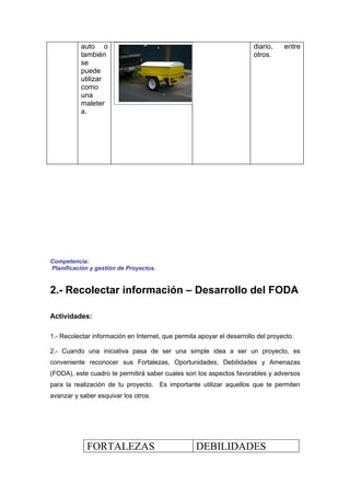 auto o                                                       diario,    entre
          también                                                      otros.
          se
          puede
          utilizar
          como
          una
          maleter
          a.




Competencia:
Planificación y gestión de Proyectos.


2.- Recolectar información – Desarrollo del FODA

Actividades:

1.- Recolectar información en Internet, que permita apoyar el desarrollo del proyecto.

2.- Cuando una iniciativa pasa de ser una simple idea a ser un proyecto, es
conveniente reconocer sus Fortalezas, Oportunidades, Debilidades y Amenazas
(FODA), este cuadro te permitirá saber cuales son los aspectos favorables y adversos
para la realización de tu proyecto. Es importante utilizar aquellos que te permiten
avanzar y saber esquivar los otros.




             FORTALEZAS                            DEBILIDADES
 