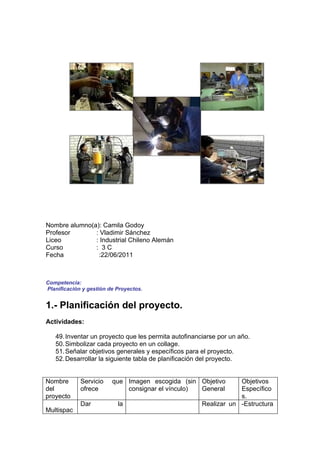 Nombre alumno(a): Camila Godoy
Profesor       : Vladimir Sánchez
Liceo          : Industrial Chileno Alemán
Curso          : 3C
Fecha           :22/06/2011



Competencia:
Planificación y gestión de Proyectos.


1.- Planificación del proyecto.
Actividades:

   49. Inventar un proyecto que les permita autofinanciarse por un año.
   50. Simbolizar cada proyecto en un collage.
   51. Señalar objetivos generales y específicos para el proyecto.
   52. Desarrollar la siguiente tabla de planificación del proyecto.


Nombre       Servicio    que Imagen escogida (sin Objetivo        Objetivos
del          ofrece          consignar el vínculo) General        Específico
proyecto                                                          s.
             Dar           la                         Realizar un -Estructura
Multispac
 