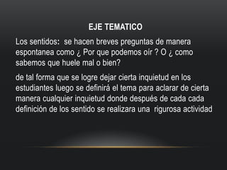 EJE TEMATICO
Los sentidos: se hacen breves preguntas de manera
espontanea como ¿ Por que podemos oír ? O ¿ como
sabemos que huele mal o bien?
de tal forma que se logre dejar cierta inquietud en los
estudiantes luego se definirá el tema para aclarar de cierta
manera cualquier inquietud donde después de cada cada
definición de los sentido se realizara una rigurosa actividad

 