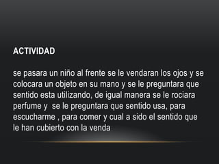 ACTIVIDAD
se pasara un niño al frente se le vendaran los ojos y se
colocara un objeto en su mano y se le preguntara que
sentido esta utilizando, de igual manera se le rociara
perfume y se le preguntara que sentido usa, para
escucharme , para comer y cual a sido el sentido que
le han cubierto con la venda

 
