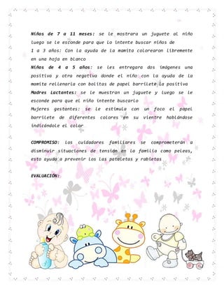 Niños de 7 a 11 meses: se le mostrara un juguete al niño
luego se le esconde para que lo intente buscar niños de
1 a 3 años: Con la ayuda de la mamita colorearon libremente
en una hoja en blanco
Niños de 4 a 5 años: se les entregara dos imágenes una
positiva y otra negativa donde el niño con la ayuda de la
mamita rellenarla con bolitas de papel barrilete la positiva
Madres Lactantes: se le muestran un juguete y luego se le
esconde para que el niño intente buscarlo
Mujeres gestantes: se le estimula con un foco el papel
barrilete de diferentes colores en su vientre hablándose
indicándole el color
COMPROMISO: los cuidadores familiares se comprometerán a
disminuir situaciones de tensión en la familia como peleas,
esto ayuda a prevenir los las pataletas y rabietas
EVALUACIÓN:
 