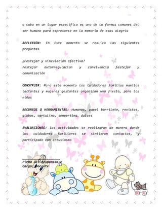 a cabo en un lugar específico es una de la formas comunes del
ser humano para expresarse en la memoria de esas alegría
REFLEXIÓN: En Este momento se realiza las siguientes
preguntas
¿Festejar y vinculación afectiva?
Festejar autorregulación y convivencia festejar y
comunicación
CONSTRUIR: Para este momento los cuidadores familias mamitas
lactantes y mujeres gestantes organizan una fiesta, para los
niños
RECURSOS O HERRAMIENTAS: Humanos, papel barrilete, revistas,
globos, cartulina, sempertina, dulces
EVALUACIONES: las actividades se realizaran de manera donde
los cuidadores familiares se sintieron contactos, y
participado con entusiasmo
____________________
Firma Del Responsable
Cargo: Docente
 