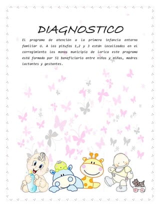 DIAGNOSTICO
El programa de atención a la primera infancia entorno
familiar U. A los pitufos 1,2 y 3 están localizados en el
corregimiento los monos municipio de lorica este programa
está formado por 51 beneficiario entre niños y niñas, madres
lactantes y gestantes.
 