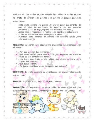 adultos si los niños pelean cuando los niños y niñas pelean
no trate de acabar las peleas con gritos o golpes posibles
soluciones.
- Cada niño expone su punto de vista para asegurarte de
que el otro lo entiendo, lo repita con sus propias
palabras ( si es muy pequeño le ayudamos un poco )
- Ambos niños respondes y repite los posibles soluciones
- Elija un desenlace que satisface a ambos
- Plantean como ponerlo en marcha con nuestra ayuda pero
sin sustituirlo
REFLEXIÓN: se harán las siguientes preguntas relacionadas con
el tema:
 ¿Por qué pelean los hermanos?
 ¿Qué debo hacer para que mis hijas mayores no sientan
celos de su hermanitas menor?
 ¿Les hace explicado o mis hijos que deben pelear, pero
siguen haciéndolo?
 ¿Qué puedo hacer?
 ¿Es bueno castigar a os hermanos que pelean?
CONSTRUIR: En este momento se realizaron un drama relacionado
con el tema
RECURSO: hoja de bloc, lápiz, tijera, humano
EVALUACIÓN: El encuentro se desarrolló de manera normal los
cuidadores familiares participan actividad de todas las
actividades
____________________
Firma Del Responsable
Cargo: Docente
 