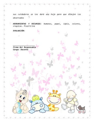 sus cuidadores se les dará una hoja para que dibujen los
observados
HERRAMIENTAS Y RECURSOS: Humanos, papel, lápiz, colores,
crayolas. Plastilina
EVALUACIÓN:
____________________
Firma Del Responsable
Cargo: Docente
 