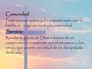 Comunidad
Participación activa y el compañerismo con la
familia de la iglesia local y la comunidad
Servicio
Revelar la gracia de Dios a través de un
compromiso consistente con el ministerio a los
otros, que ocurre en virtud de un discipulado
dedicado
 