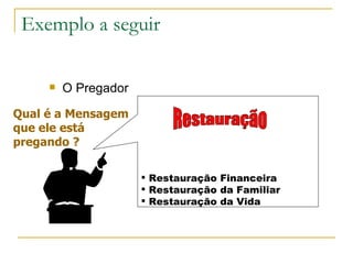 Exemplo a seguir Restauração Financeira Restauração da Familiar Restauração da Vida Restauração Qual é a Mensagem que ele está  pregando ? O Pregador 
