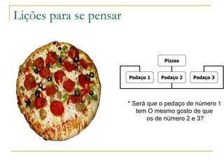 Lições para se pensar * Será que o pedaço de número  1   tem O mesmo gosto de que  os de número 2 e 3? Pizzas Pedaço 1 Pedaço 2 Pedaço 3 