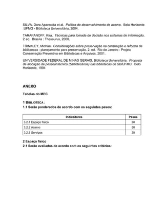 SILVA, Dora Aparecida et al. Política de desenvolvimento de acervo. Belo Horizonte
:UFMG - Biblioteca Universitária, 2004.

TARAPANOFF, Kira. Técnicas para tomada de decisão nos sistemas de informação.
2. ed. Brasíia : Thesaurus, 2000.

TRINKLEY, Michael. Considerações sobre preservação na construção e reforma de
bibliotecas : planejamento para preservação. 2. ed. Rio de Janeiro : Projeto
Conservação Preventiva em Bibliotecas e Arquivos, 2001.

UNIVERSIDADE FEDERAL DE MINAS GERAIS. Biblioteca Universitária. Proposta
de alocação de pessoal técnico (bibliotecários) nas bibliotecas do SB/UFMG. Belo
Horizonte, 1994




ANEXO

Tabelas do MEC

1 BIBLIOTECA :
1.1 Serão ponderados de acordo com os seguintes pesos:


                            Indicadores                                Pesos
3.2.1 Espaço físico                                                      20
3.2.2 Acervo                                                             50
3.2.3 Serviços                                                           30

2 Espaço físico
2.1 Serão avaliados de acordo com os seguintes critérios:
 