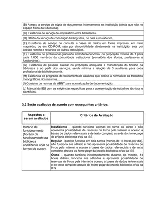 (B) Acesso a serviço de cópia de documentos internamente na instituição (ainda que não no
espaço físico da Biblioteca).
(C) Existência de serviço de empréstimo entre bibliotecas.
(D) Oferta do serviço de comutação bibliográfica, no país e no exterior.
(E) Existência de serviço de consulta a bases de dados em forma impressa, em meio
magnético ou em CD-ROM, seja por disponibilidade diretamente na instituição, seja por
acesso remoto a recursos de outras instituições.
(F) Existência de profissional graduado em Biblioteconomia, na proporção mínima de 1 para
cada 1.000 membros da comunidade institucional (somatória dos alunos, professores e
funcionários).
(G) Existência de pessoal auxiliar na proporção adequada à manutenção do horário da
biblioteca e ao perfil dos serviços, sendo mínima a relação de 3 auxiliares para cada
profissional de biblioteconomia.
(H) Existência de programa de treinamento de usuários que ensine a normalizar os trabalhos
monográficos dos mesmos.
(I) Conjunto de normas da ABNT para normalização de documentação.
(J) Manual da IES com as exigências específicas para a apresentação de trabalhos técnicos e
científicos.
3.2 Serão avaliados de acordo com os seguintes critérios:
Aspectos a
serem avaliados
Critérios de Avaliação
Horário de
funcionamento
(horário de
funcionamento da
biblioteca
condizente com os
turnos do curso)
Insuficiente – quando funciona apenas no turno do curso e não
apresenta possibilidade de reservas de livros pela Internet e acesso a
bases de dados referenciais e de texto completo através do home page
da própria biblioteca e/ou da IES
Regular - quando funciona em dois turnos (menos de 14 horas por dia),
não funciona aos sábado e não apresenta possibilidade de reservas de
livros pela Internet e acesso a bases de dados referenciais e de texto
completo através do home page da própria biblioteca e/ou da IES
Ótimo – quando funciona ininterruptamente durante, no mínimo, 14
horas diárias, funciona aos sábados e apresenta possibilidade de
reservas de livros pela Internet e acesso a bases de dados referenciais
e de texto completo através do home page da própria biblioteca e/ou da
IES
 