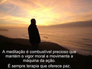 A meditação é combustível precioso que mantém o vigor moral e movimenta a máquina da ação. É sempre terapia que oferece paz. 