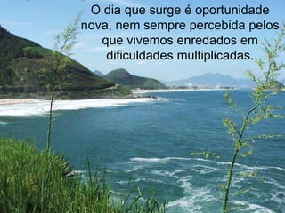 O dia que surge é oportunidade nova, nem sempre percebida pelos que vivemos enredados em dificuldades multiplicadas. 