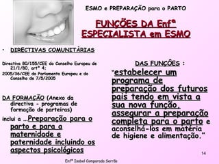 ESMO e PREPARAÇÃO para o PARTO FUNÇÕES DA Enfª ESPECIALISTA em ESMO DIRECTIVAS COMUNITÀRIAS Directiva 80/155/CEE do Conselho Europeu de 21/1/80, artº 4; 2005/36/CEE do Parlamento Europeu e do Conselho de 7/5/2005 DA FORMAÇÃO  (Anexo da directiva - programas de formação de parteiras)  inclui a  … Preparação para o parto e para a maternidade e paternidade incluindo os aspectos psicológicos DAS FUNÇÔES  :  “ estabelecer um programa de preparação dos futuros pais tendo em vista a sua nova função, assegurar a preparação completa para o parto  e aconselhá-los em matéria de higiene e alimentação.” Enfª Isabel Comparada Serrão 
