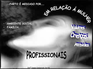 …… PARTO É MEDIADO POR…… AMBIENTE SOCIAL FAMÍLIA EM RELAÇÃO Á MULHER Valores Crenças Atitudes PROFISSIONAIS Enfª Isabel Comparada Serrão 