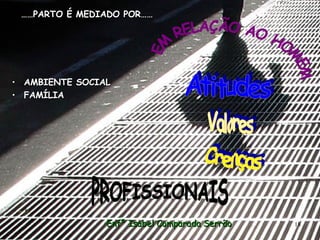 …… PARTO É MEDIADO POR…… AMBIENTE SOCIAL FAMÍLIA EM RELAÇÃO AO HOMEM Valores Crenças Atitudes PROFISSIONAIS Enfª Isabel Comparada Serrão 