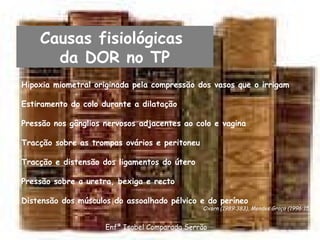 Causas fisiológicas  da DOR no TP Hipoxia miometral originada pela compressão dos vasos que o irrigam Estiramento do colo durante a dilatação Pressão nos gânglios nervosos adjacentes ao colo e vagina Tracção sobre as trompas ovários e peritoneu Tracção e distensão dos ligamentos do útero Pressão sobre a uretra, bexiga e recto Distensão dos músculos do assoalhado pélvico e do períneo Oxorn (1989:383), Mendes Graça (1996:15) Enfª Isabel Comparada Serrão 