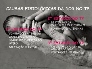 CAUSAS FISIOLÓGICAS DA DOR NO TP 1º ESTADIO DO TP CONTRAÇÕES UTERINAS ADELGAÇAMENTO DO SEGMENTO INFERIOR DO ÚTERO DILATAÇÃO CERVICAL 2º ESTADIO DO TP DISTENSÃO DA VAGINA,VULVA E PERÍNEO CONTRAÇÕES UTERINAS 3º ESTADIO DO TP PASSAGEM DA PLACENTA ATRAVÉS DO COLO CONTRAÇÕES UTERINAS Oxorn,1986 Enfª Isabel Comparada Serrão 