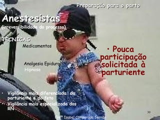 Preparação para o parto Anestesistas  (irreversibilidade do processo) TÉCNICAS Medicamentos Analgesia Epidural Hipnose Vigilância mais diferenciada  da parturiente e do feto Vigilância mais especializada dos RN Pouca participação solicitada à parturiente Enfª Isabel Comparada Serrão 