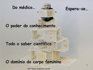 Do médico… O poder do conhecimento Todo o saber científico O domínio do corpo feminino Espera-se… Enfª Isabel Comparada Serrão 
