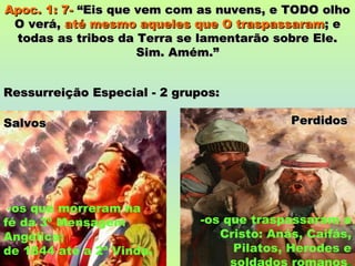 Apoc. 1: 7- “Eis que vem com as nuvens, e TODO olho
 O verá, até mesmo aqueles que O traspassaram; e
 todas as tribos da Terra se lamentarão sobre Ele.
                     Sim. Amém.”


Ressurreição Especial - 2 grupos:

Salvos                                      Perdidos




 -os que morreram na
fé da 3ª Mensagem             -os que traspassaram a
Angélica;                        Cristo: Anás, Caifás,
de 1844 até a 2ª Vinda.            Pilatos, Herodes e
 