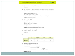 Soluções – Página 12
Soluções(da(proposta(de(trabalho(–(Matemática(6! !!!
! !!!!(
8.1. O primeiro termo da sequência é 3. Cada termo, a partir do primeiro, obtém-se adicionando 6 ao
termo anterior.
8.2. Não. Porque quando se adiciona 6 a um número ímpar obtém-se sempre um número ímpar e
150 é um número par.
9. Número de arestas do prisma é 3 × 6 = 18
44 – 18 = 26 ← Número de arestas da pirâmide
A pirâmide tem 13 arestas na base e 13 arestas laterais. Logo, tem 13 + 1 = 14 vértices.
Resposta: A pirâmide tem 14 vértices.
10. Cálculo do m.m.c. (20 , 24):
20 = 2 × 2 × 5
24 = 2 × 2 × 2 × 3
m.m.c. (20 , 24) = 2 × 2 × 2 × 3 × 5 = 120
120 minutos = 2 horas
9 h + 2 h = 11 h
Resposta: Os dois comboios vão sair novamente juntos às 11 horas.
11.
75 80 74 39 78
75% ; 0,8 ; ;
100 100 100 50 100
= = =
Resposta: 0,8
12.
A pé Autocarro Carro Total
Rapazes 18 20 14 52
Raparigas 16 22 10 48
13. A distância no mapa entre as duas casas é 4 cm.
16 km = 1 600 000 cm
Distância no mapa Distância real
4 ---------------------- 1 600 000
1 ---------------------- x
1 600 000
400 000
4
x = =
Resposta: 1 : 400 000
 