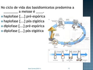 No ciclo de vida dos basidiomicetos predomina a
  ________ a meiose é ____.
 haplofase [...] pré-espórica
 haplofase [...] pós-zigótica
 diplofase [...] pré-espórica
 diplofase [...] pós-zigótica




                 Nuno Correia 2010/11      13
 