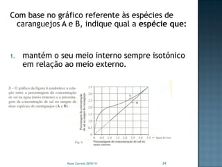 Com base no gráfico referente às espécies de
 caranguejos A e B, indique qual a espécie que:


1.   mantém o seu meio interno sempre isotónico
     em relação ao meio externo.




                Nuno Correia 2010/11     24
 