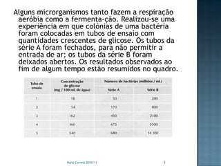 Alguns microrganismos tanto fazem a respiração
 aeróbia como a fermenta-ção. Realizou-se uma
 experiência em que colónias de uma bactéria
 foram colocadas em tubos de ensaio com
 quantidades crescentes de glicose. Os tubos da
 série A foram fechados, para não permitir a
 entrada de ar; os tubos da série B foram
 deixados abertos. Os resultados observados ao
 fim de algum tempo estão resumidos no quadro.




               Nuno Correia 2010/11       3
 