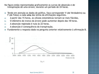 Na figura estão representadas graficamente as curvas de absorção e de
   transpiração de uma árvore, durante um período de 24 horas.

    Tendo em atenção os dados do gráfico, faça corresponder V (de Verdadeiro) ou
     F (de Falso) a cada uma das letras da afirmações seguintes.
a)      A partir das 15 horas, as células estomáticas tornam-se mais flácidas.
b)      O diâmetro do tronco da árvore pode aumentar depois das 18 horas.
c)      A absorção registada é nula às 22 horas.
d)      A absorção é consequência da transpiração.
    Fundamente a resposta dada na pergunta anterior relativamente à afirmação B.




                          Nuno Correia 2010/11                     32
 