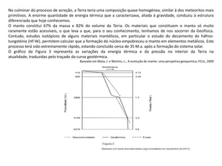 No culminar do processo de acreção, a Terra teria uma composição quase homogénea, similar à dos meteoritos mais
primitivos. A enorme quantidade de energia térmica que a caracterizava, aliada à gravidade, conduziu à estrutura
diferenciada que hoje conhecemos.
O manto constitui 67% da massa e 82% do volume da Terra. Os materiais que constituem o manto só muito
raramente estão acessíveis, o que leva a que, para o seu conhecimento, tenhamos de nos socorrer da Geofísica.
Contudo, estudos isotópicos de alguns materiais mantélicos, em particular o estudo do decaimento do háfnio-
tungsténio (Hf-W), permitem calcular que a formação do núcleo empobreceu o manto em elementos metálicos. Este
processo terá sido extremamente rápido, estando concluído cerca de 35 M.a. após a formação do sistema solar.
O gráfico da Figura 3 representa as variações da energia térmica e da pressão no interior da Terra na
atualidade, traduzidas pelo traçado da curva geotérmica.
Baseado em Mata, J. e Martins, L., A evolução do manto: uma perspetiva geoquímica, FCUL, 2009
 