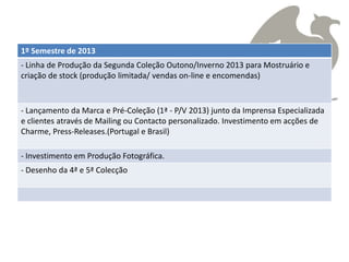 1º Semestre de 2013
- Linha de Produção da Segunda Coleção Outono/Inverno 2013 para Mostruário e
criação de stock (produção limitada/ vendas on-line e encomendas)



- Lançamento da Marca e Pré-Coleção (1ª - P/V 2013) junto da Imprensa Especializada
e clientes através de Mailing ou Contacto personalizado. Investimento em acções de
Charme, Press-Releases.(Portugal e Brasil)

- Investimento em Produção Fotográfica.
- Desenho da 4ª e 5ª Colecção
 