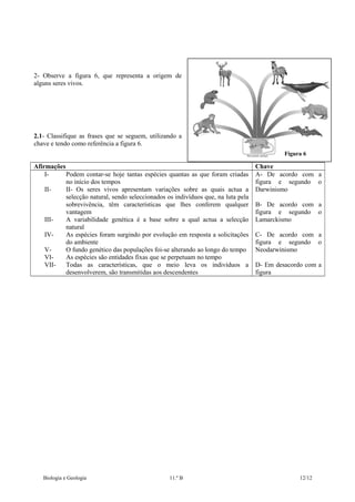 2- Observe a figura 6, que representa a origem de
alguns seres vivos.

2.1- Classifique as frases que se seguem, utilizando a
chave e tendo como referência a figura 6.
Figura 6

Afirmações
IPodem contar-se hoje tantas espécies quantas as que foram criadas
no início dos tempos
IIII- Os seres vivos apresentam variações sobre as quais actua a
selecção natural, sendo seleccionados os indivíduos que, na luta pela
sobrevivência, têm características que lhes conferem qualquer
vantagem
IIIA variabilidade genética é a base sobre a qual actua a selecção
natural
IVAs espécies foram surgindo por evolução em resposta a solicitações
do ambiente
VO fundo genético das populações foi-se alterando ao longo do tempo
VIAs espécies são entidades fixas que se perpetuam no tempo
VIITodas as características, que o meio leva os indivíduos a
desenvolverem, são transmitidas aos descendentes

Biologia e Geologia

11.º B

Chave
A- De acordo com a
figura e segundo o
Darwinismo
B- De acordo com a
figura e segundo o
Lamarckismo
C- De acordo com a
figura e segundo o
Neodarwinismo
D- Em desacordo com a
figura

12/12

 