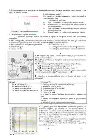 2- O diagrama que se se segue refere-se à circulação sanguínea do peixe assinalado com o numero 1 da
figura da questão anterior
2.1- Identifique o órgão X
2.2- Transcreva a letra correspondente à opção que completa
correctamente a frase.
O coração do peixe tem:
Aduas cavidades e é atravessado por sangue venoso
Btrês cavidades e é atravessado por sangue arterial e
por sangue venoso.
Cduas cavidades e é atravessado por sangue venoso e
por sangue arterial.
Dtrês cavidades e só é atravessado por sangue venoso
2.3- Fundamente a seguinte afirmação:
“A circulação do sangue através dos tecidos e órgãos de um peixe é mais lenta que noutros
vertebrados.”
3- Faça corresponder V (afirmação verdadeira) ou F (afirmação falsa) a cada uma das letras que identificam
as afirmações seguintes, relativas ao sistema excretor do peixe do esquema anterior.
a- Rins desenvolvidos com grandes glomérulos.
d- Excreta ácido úrico
b- Bebe muita água
e- As brânquias excretam sais por transporte activo
c- Excreta amónia
f- As brânquias absorvem activamente sais minerais

V
1- O diagrama da figura sumaria transformações que ocorrem no
processo fotossintético.
1.1- Refira as estruturas do cloroplasto onde ocorrem as transformações
consideradas.
1.2- No processo esquematizado verifica-se a dissociação da água.
1.2.1- Que designação específica esse processo ?
1.2.2- Quais os produtos resultantes dessa dissociação ?
1.3- Diga os nomes de cada um dos compostos que correspondem,
respectivamente, às letras X e Y e aos números 1 e 2.
2- Estabeleça a correspondência entre os termos da chave e as
afirmações.
CHAVE
A- No ciclo de Calvin
B- Na fosforilação acíclica
C- Na fosforilação cíclica
D- Na fosforilação cíclica e acíclica

AFIRMAÇÕES
1- Combinação de CO2 com ribulose-difosfato
2- A clorofila torna-se activa
3- Redução do NADP+ a NADPH
4- Libertação de O2
5- Produção de ATP
6- A clorofila recebe electrões provenientes da molécula de
água.
7- Síntese de compostos orgânicos a partir de gliceraldeídofosfato
8- A clorofila cede e aceita os mesmos electrões.
3- As plantas produzem determinadas substâncias químicas, as
hormonas vegetais, que intervêm no seu desenvolvimento e
metabolismo. A auxina é uma dessas hormonas. Para estudar a
influência da luz na produção de auxina, um investigador realizou
uma série de experiências a partir das quais obteve os resultados
expressos no gráfico seguinte.
3.1- Transcreva a letra que corresponde à opção que contém os
termos que permitem preencher correctamente os espaços.
A quantidade de auxina produzida pela planta ___ quando a
intensidade luminosa ___.

Biologia e Geologia

11.º B

8/12

 