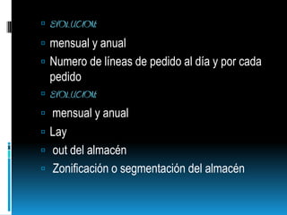 EVOLUCION:mensual y anual Numero de líneas de pedido al día y por cada pedido EVOLUCION:mensual y anual Lay  out del almacén  Zonificación o segmentación del almacén  