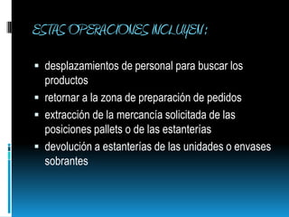 ESTAS OPERACIONES INCLUYEN :desplazamientos de personal para buscar los productosretornar a la zona de preparación de pedidosextracción de la mercancía solicitada de las posiciones pallets o de las estanteríasdevolución a estanterías de las unidades o envases sobrantes