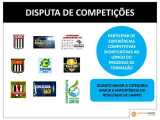 DISPUTA DE COMPETIÇÕES
PARTICIPAR DE
EXPERIÊNCIAS
COMPETITIVAS
SIGNIFICATIVAS AO
LONGO DO
PROCESSO DE
FORMAÇÃO
QUANTO MAIOR A CATEGORIA
MAIOR A IMPORTÂNCIA DO
RESULTADO DE CAMPO
 