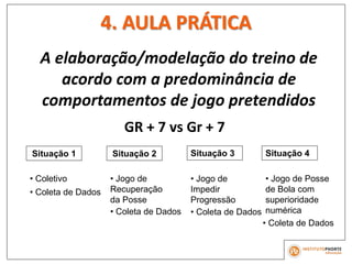 4. AULA PRÁTICA
A elaboração/modelação do treino de
acordo com a predominância de
comportamentos de jogo pretendidos
Situação 1 Situação 2 Situação 3 Situação 4
• Coletivo
• Coleta de Dados
• Jogo de
Recuperação
da Posse
• Jogo de
Impedir
Progressão
• Jogo de Posse
de Bola com
superioridade
numérica• Coleta de Dados • Coleta de Dados
• Coleta de Dados
GR + 7 vs Gr + 7
 