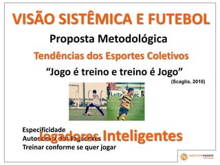 Proposta Metodológica
Tendências dos Esportes Coletivos
“Jogo é treino e treino é Jogo”
Autonomia dos Jogadores
Especificidade
Treinar conforme se quer jogar
Jogadores Inteligentes
(Scaglia, 2010)
VISÃO SISTÊMICA E FUTEBOL
 