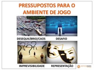 PRESSUPOSTOS PARA O
AMBIENTE DE JOGO
DESEQUILÍBRIO/CAOS DESAFIO
IMPREVISIBILIDADE REPRESENTAÇÃO
 