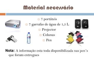 Material necessário
7 portáteis
7 garrafas de água de 1,5 L
 Projector
 Colunas
 Pen




Nota: A informação esta toda disponibilizada nas pen´s
que foram entregues

 