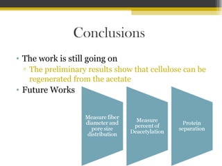 Conclusions
• The work is still going on
▫ The preliminary results show that cellulose can be
regenerated from the acetate

• Future Works

 