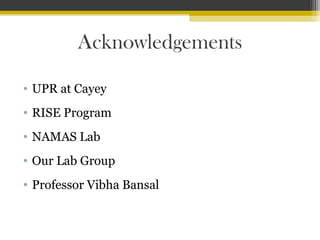 Acknowledgements
• UPR at Cayey
• RISE Program
• NAMAS Lab
• Our Lab Group
• Professor Vibha Bansal

 