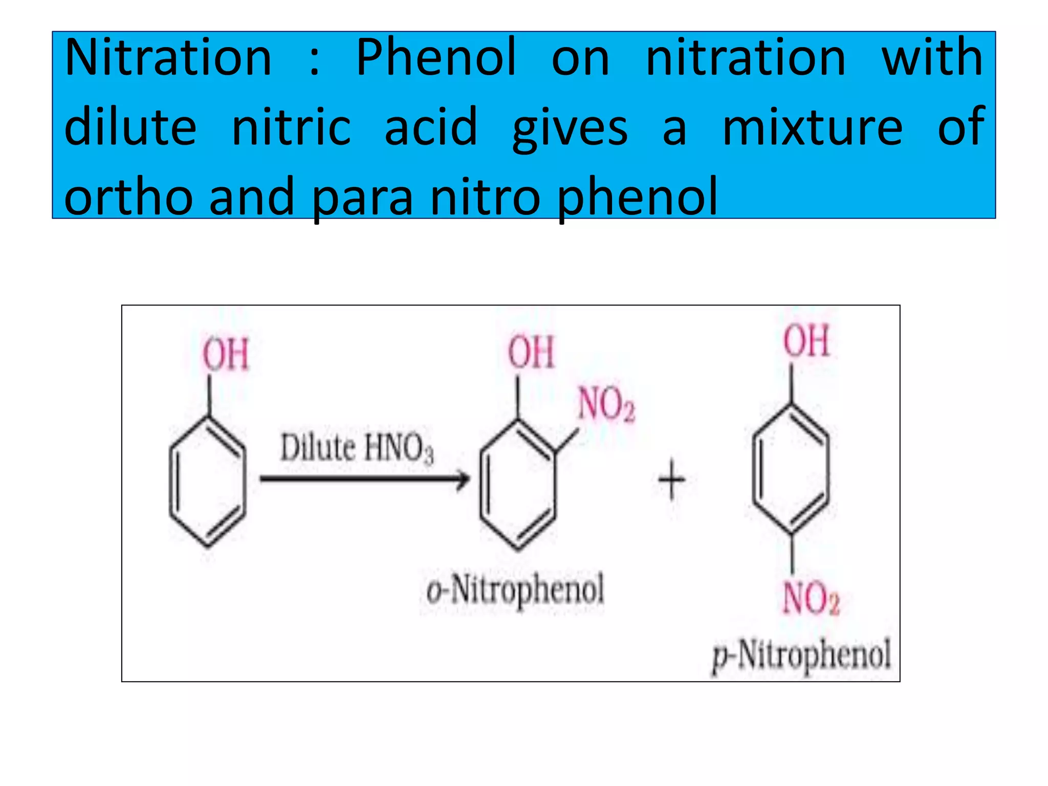 Nitration : Phenol on nitration with
dilute nitric acid gives a mixture of
ortho and para nitro phenol
 