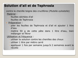 Solution d’ail et de Tephrosia
 contre la chenille teigne des crucifères (Plutella xylostella)
  Matériel :
    ◦ feuilles séchées d’ail
    ◦ feuilles de Tephrosia
  Préparation :
    ◦ piler les feuilles de Tephrosia et d’ail et ajouter 1 litre
       d’eau
    ◦ mettre 50 g de cette pâte dans 1 litre d’eau, bien
       mélanger et filtrer
  Utilisation et fréquence :
    ◦ utiliser la solution contre les chenilles des choux
    ◦ utiliser 1 litre par mètre carré
    ◦ appliquer 1 fois par semaine jusqu’à 2 semaines avant la
       récolte
 
